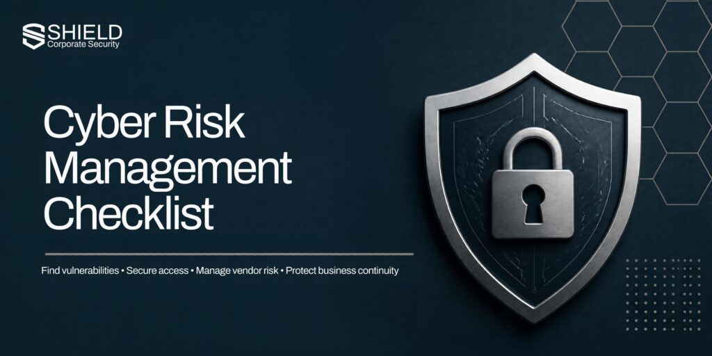 Cyber Risk Management: 10 Steps Every Business Should Take | Shield Corporate Security step cyber risk management checklist to find vulnerabilities, secure access, manage vendor risk and protect business continuity